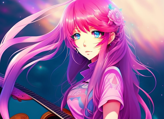 Photo gratuite une fille aux cheveux roses et une guitare