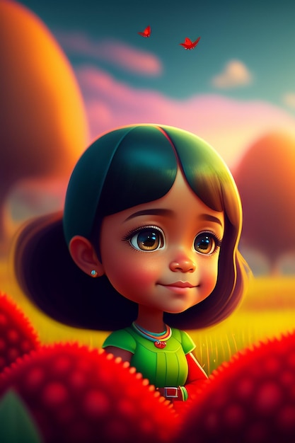 Une fille aux cheveux verts et une chemise verte se tient dans un champ avec une fleur rouge
