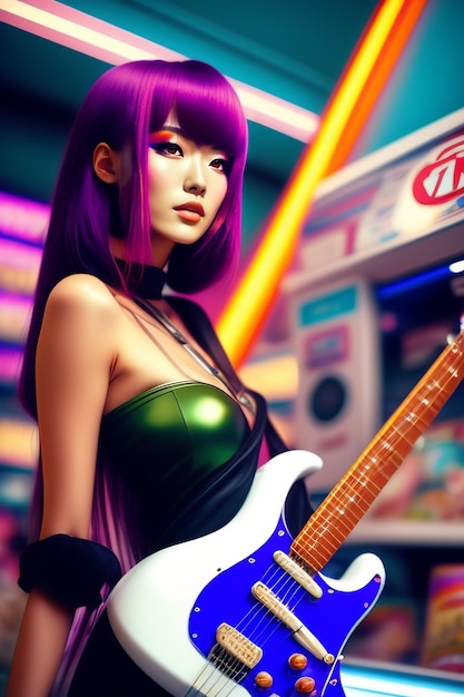 Une fille aux cheveux violets et une guitare