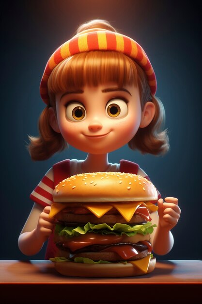 Une fille de carton avec un hamburger.