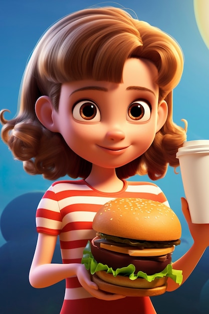 Une fille de carton avec un hamburger.