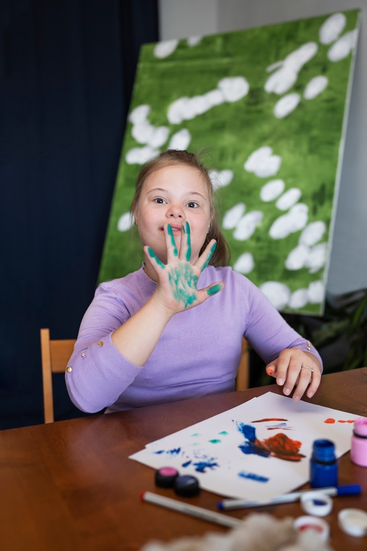 Photo gratuit fille de coup moyen avec la peinture du syndrome de down
