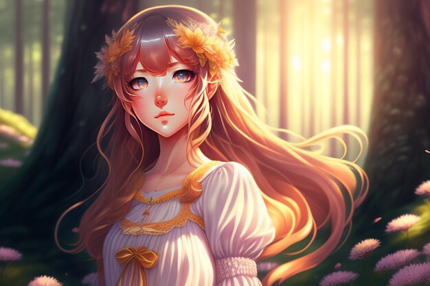 Une fille dans une forêt avec des fleurs sur les cheveux