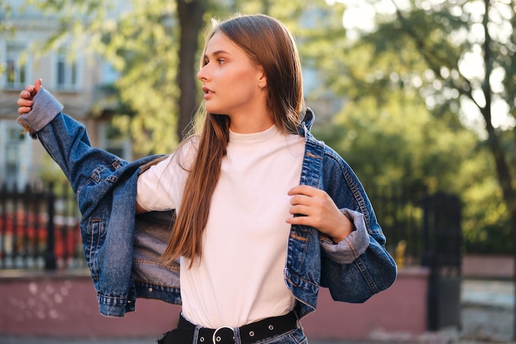 Photo gratuit une fille décontractée attrayante et élégante portant une veste en jean tout en regardant rêveusement à l'extérieur