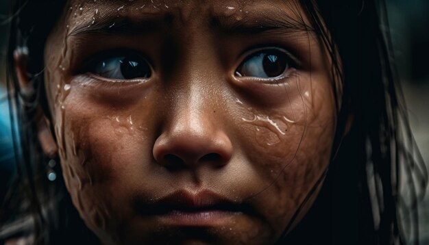 Une fille avec de l'eau sur le visage regarde la caméra.