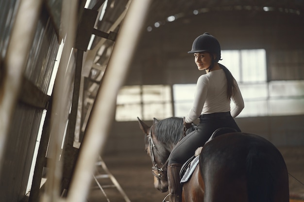 Photo gratuite fille élégante dans une ferme avec un cheval