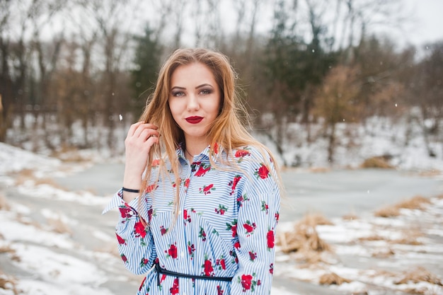 Photo gratuite fille élégante en robe au jour d'hiver contre le lac gelé