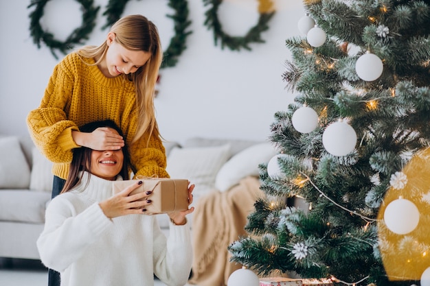 Fille faisant cadeau surprise pour la mère à Noël