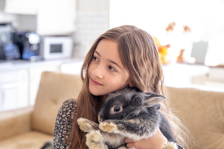 Photo gratuit une fille avec un lapin la fille tient un lapin dans ses bras
