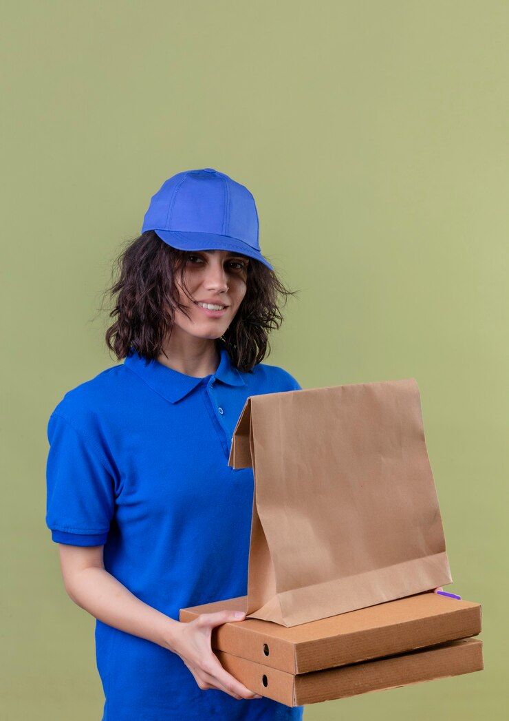Photo gratuit fille de livraison en uniforme bleu tenant des boîtes à pizza et paquet de papier souriant confiant debout sur un espace vert isolé