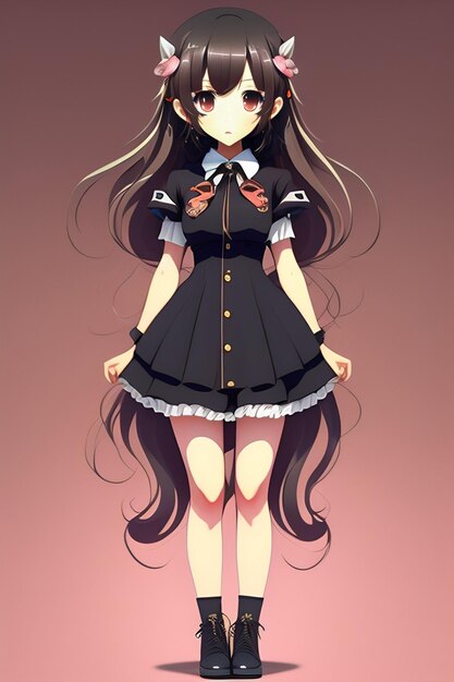 Une fille avec de longs cheveux noirs et une robe noire avec un coeur rouge sur le devant.