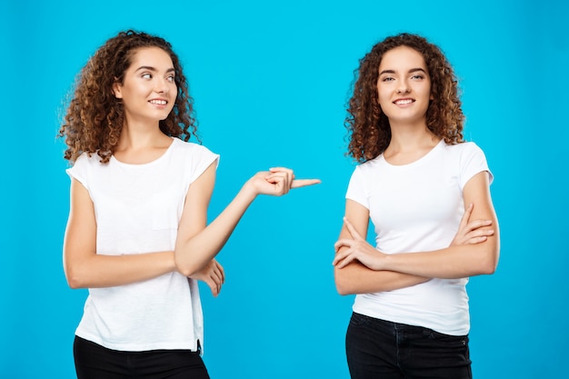 Photo gratuite fille pointant le doigt sur sa sœur jumelle sur le mur bleu