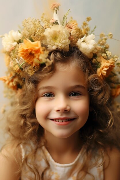 Une fille posant avec de belles fleurs.