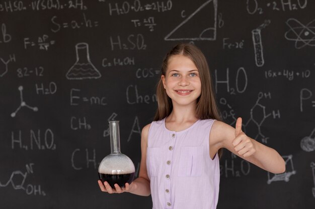 Fille souriante en apprenant plus sur la chimie en classe