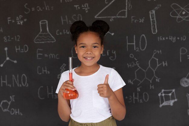 Fille souriante en apprenant plus sur la chimie en classe