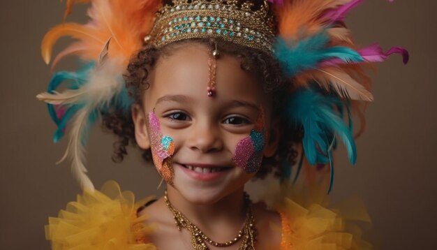 Une fille souriante en costume coloré montre la confiance générée par l'IA