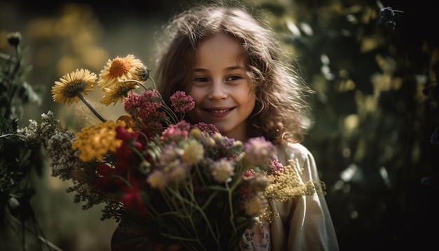 Photo gratuite une fille souriante profite de la beauté de la nature avec un bouquet de fleurs généré par l'ia