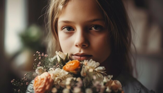 Une fille souriante tient un bouquet de joie dans la nature générée par l'IA