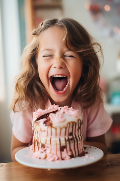 Fille de taille moyenne avec un gâteau délicieux