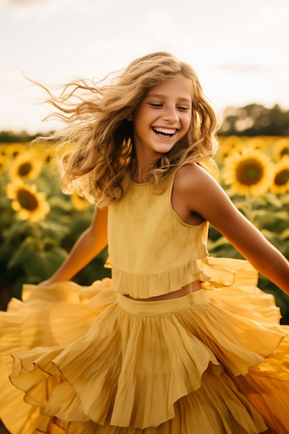 Photo gratuite fille de taille moyenne posant avec des tournesols