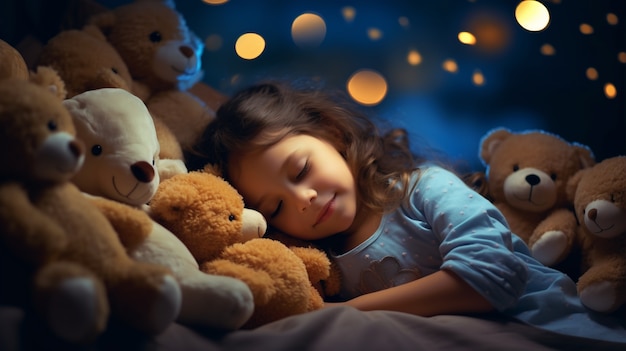 Une fille de taille moyenne qui dort avec des jouets.