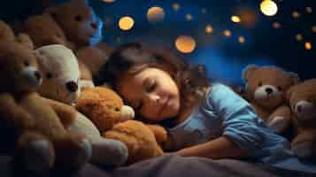 Photo gratuite une fille de taille moyenne qui dort avec des jouets.