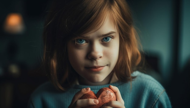 Photo gratuite une fille tenant une pomme en forme de coeur dans ses mains.