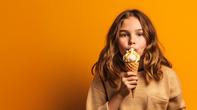 Fille en vue de devant tenant une crème glacée dans le studio