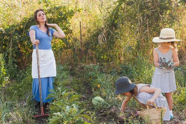 Filles récoltant des légumes avec sa mère dans le champ