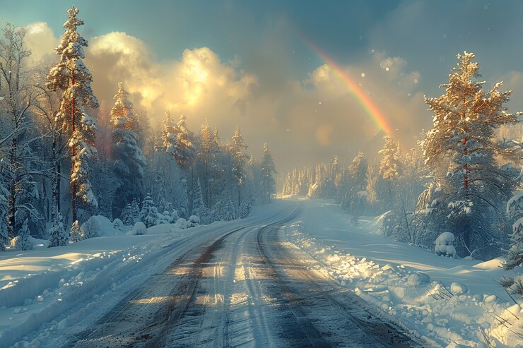 Photo gratuit fin de route avec un magnifique arc-en-ciel après un temps pluvieux