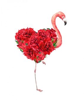 Flamant rose avec coeur floral - fleurs roses rouges. aquarelle inhabituelle pour la saint-valentin