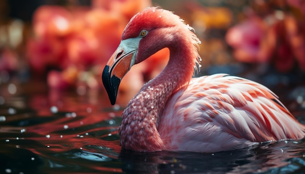 Photo gratuite un flamant rose vibrant patauge dans un étang bleu tranquille généré par l'intelligence artificielle