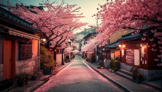 La fleur de cerisier illumine les rues célèbres de la ville au crépuscule générée par l'IA