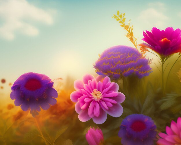 Une fleur colorée est au premier plan d'un champ avec un ciel bleu en arrière-plan.