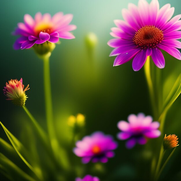 Une fleur colorée est au premier plan et le mot marguerite est à droite.