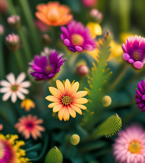 Une fleur colorée est dans un jardin avec une fleur violette et orange.