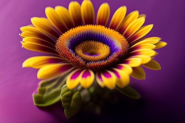 Une fleur à fond violet et une fleur jaune à fond violet.