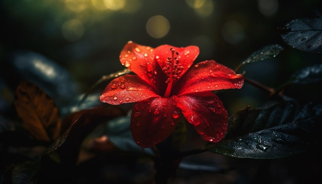 Photo gratuite fleur d'hibiscus vibrante mouillée de rosée de gouttes de pluie générée par l'ia