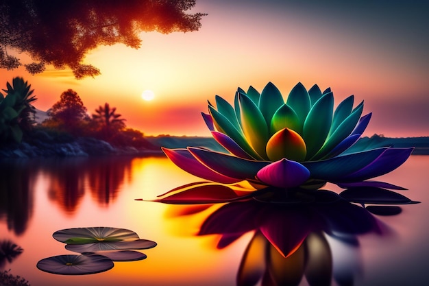 Une fleur de lotus colorée se trouve sur un étang avec un coucher de soleil en arrière-plan.