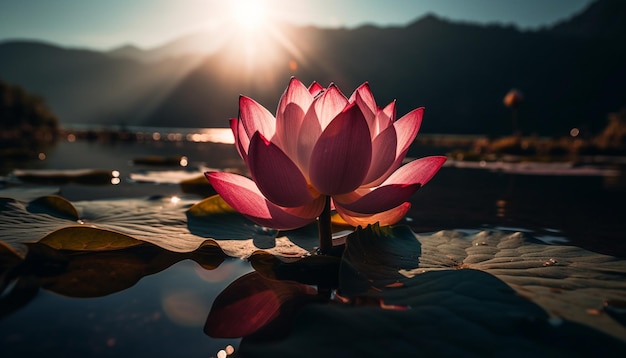 Fleur de lotus flottant sur l'eau tranquille d'un étang générée par l'IA