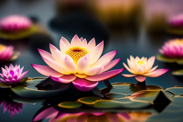 Une fleur de lotus rose et jaune dans un étang