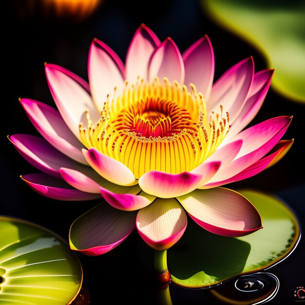 Une fleur rose et jaune est dans l'eau.