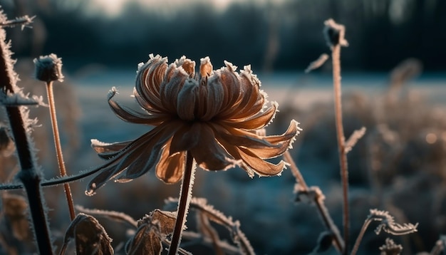 Photo gratuite la fleur sauvage jaune se distingue dans la prairie enneigée générée par l'ia