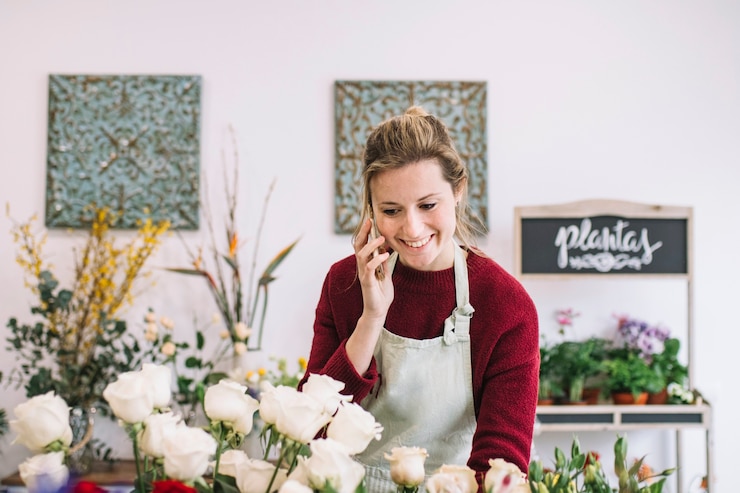Photo gratuit fleuriste de charme parlant sur smartphone