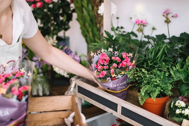 Fleuriste de cultures arrangeant des fleurs dans la boutique