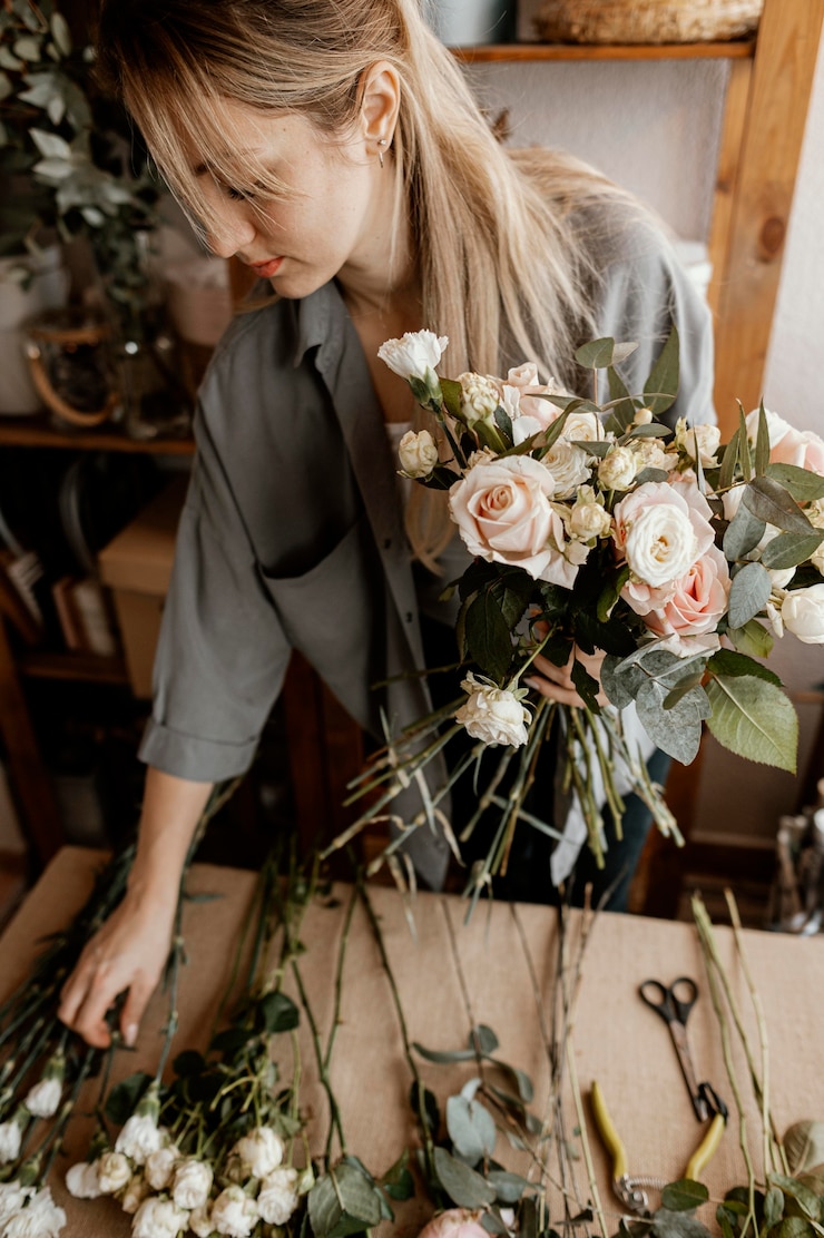Photo gratuit fleuriste faisant un bel arrangement floral