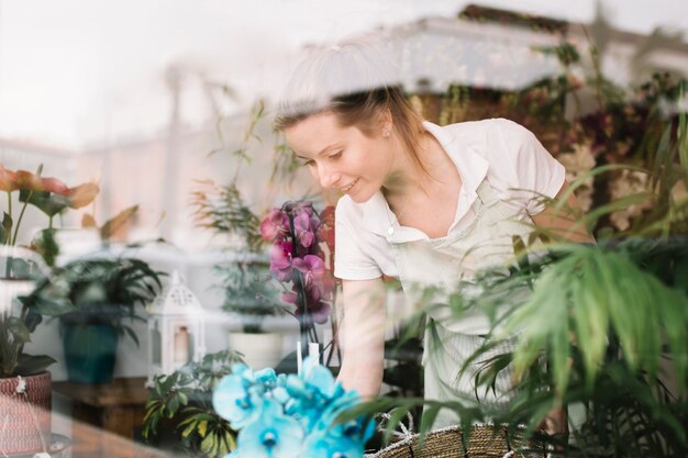 Fleuriste mignon arrangeant la vitrine