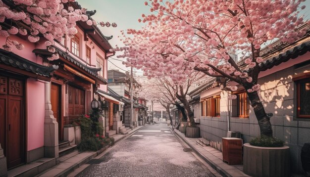 Des fleurs de cerisier roses illuminent la célèbre architecture japonaise générée par l'IA