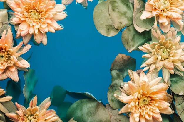 Fleurs avec des feuilles dans l'eau bleue avec espace de copie