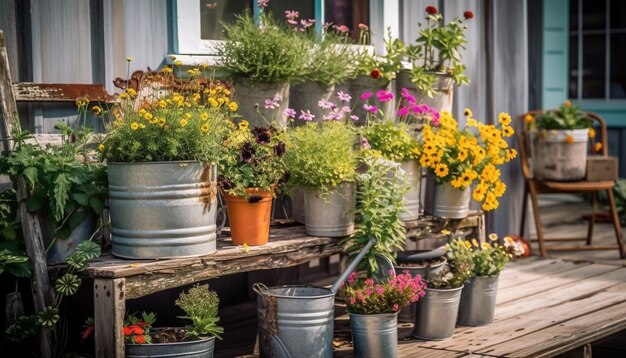 Des fleurs fraîches fleurissent dans un jardin en pot d'argile généré par l'IA